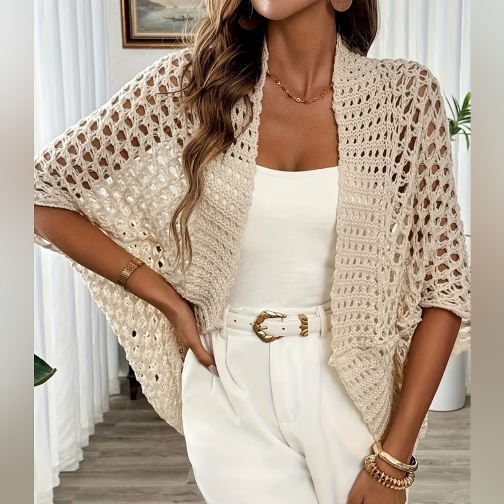 Crochet Open-Knit Shrug in Cream O/S (fits most)